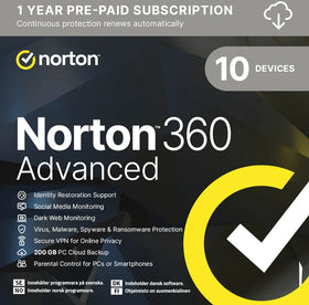 Norton 360 Advanced | 10 enheter | 1 år | Nordisk licens 2026