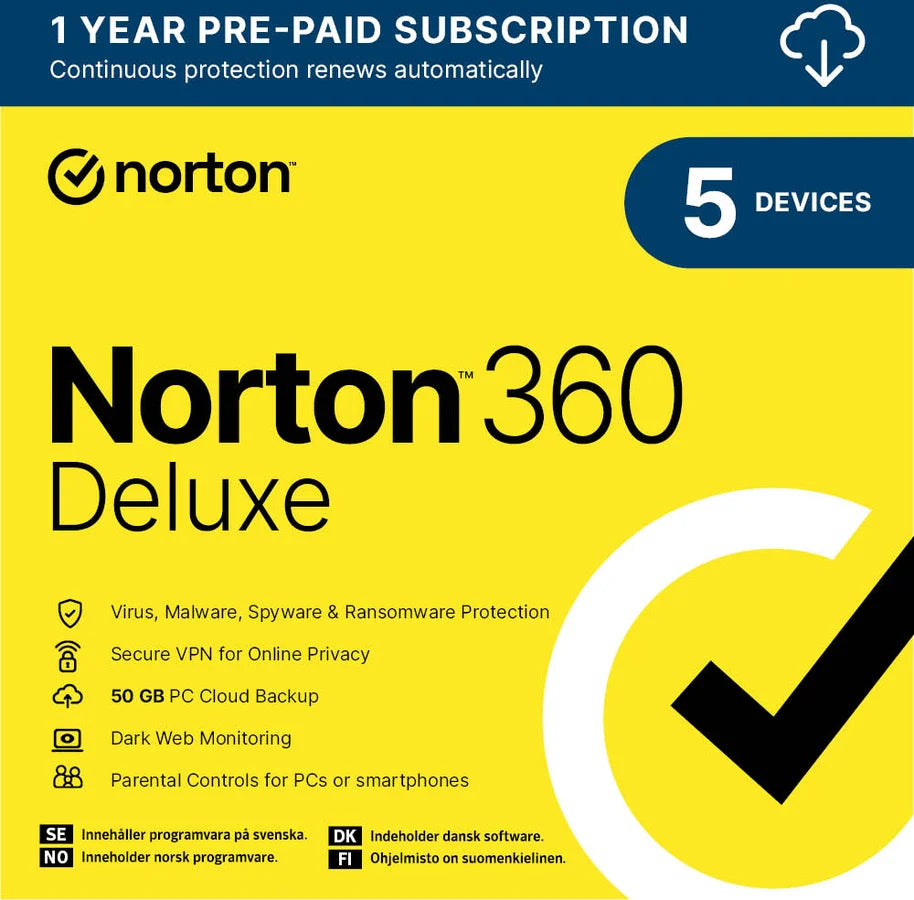 Norton 360 Deluxe | 5 enheter | 1 år | Nordisk licens 2026