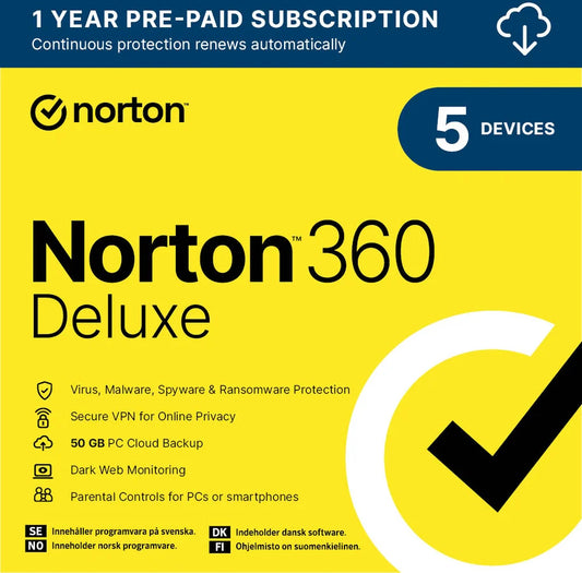 Norton 360 Deluxe | 5 enheter | 1 år | Nordisk licens 2026