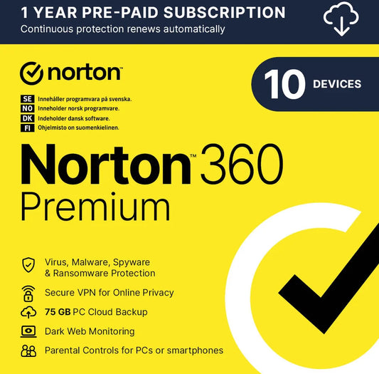 Norton 360 Premium | 10 enheter | 1 år | Nordisk licens 2026