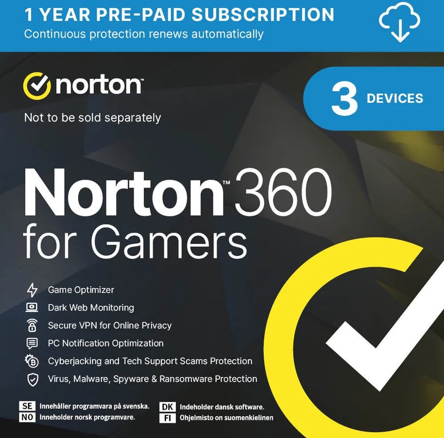 Norton 360 For Gamers | 3 enheter | 1 år | Nordisk licens 2026